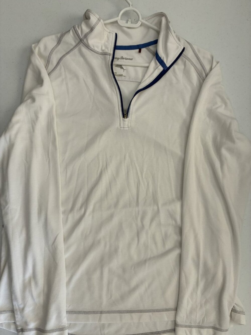 Tommy Bahama Men's L Cream Quarter-Zip Pullover Navy Trim